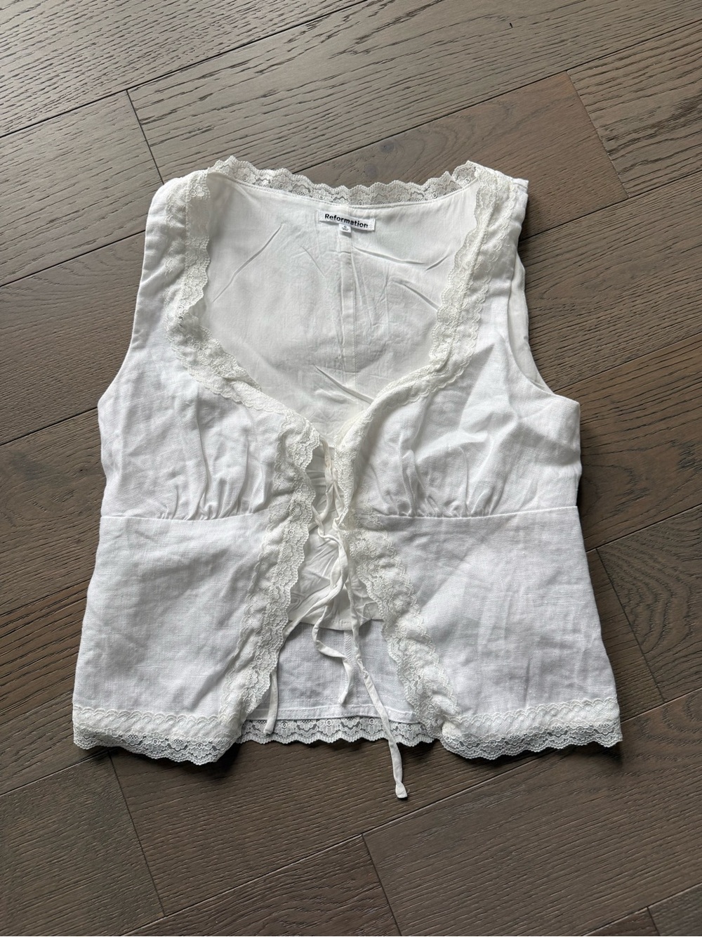 Reformation White Lace-Trim Tie-Front Linen Tank